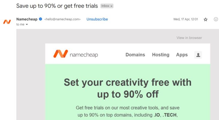 Namecheap tiếp thị qua email