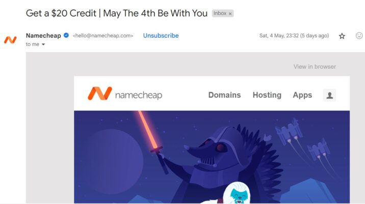 Email của Namecheap hỗ trợ nút Unsubscribe