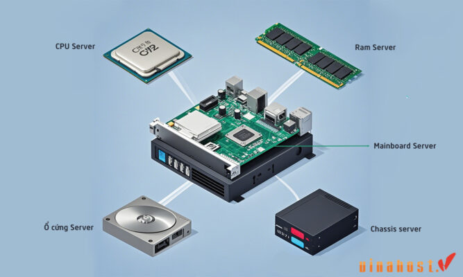 hành phần của một máy chủ server, bao gồm CPU Server, RAM Server, Mainboard Server, Ổ cứng Server và Chassis Server