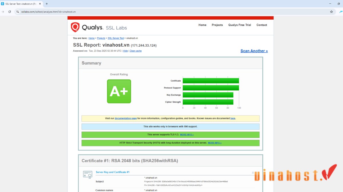 Kết quả kiểm tra SSL đạt hạng A+ trên công cụ SSL Labs
