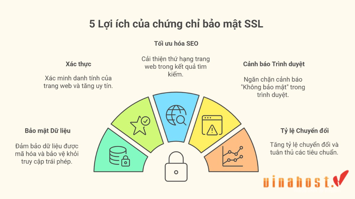 5 lợi ích chính của chứng chỉ SSL là gì? Đó là mã hóa, xác thực, cải thiện SEO, tăng uy tín và tăng chuyển đổi.