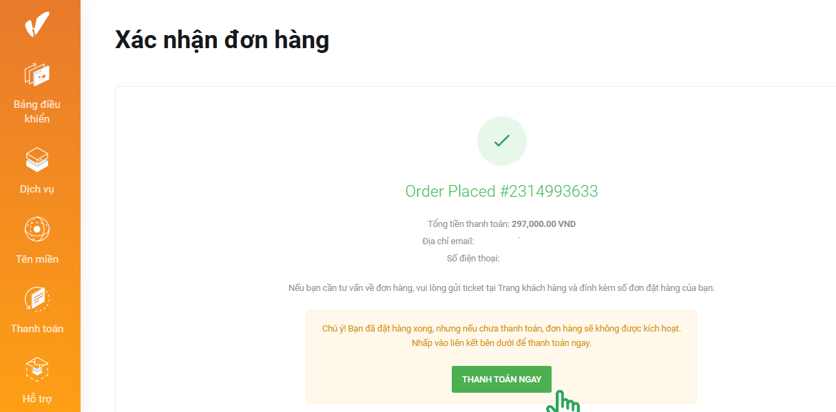 Hoàn tất quá trình đăng ký và chờ xác nhận từ VinaHost.