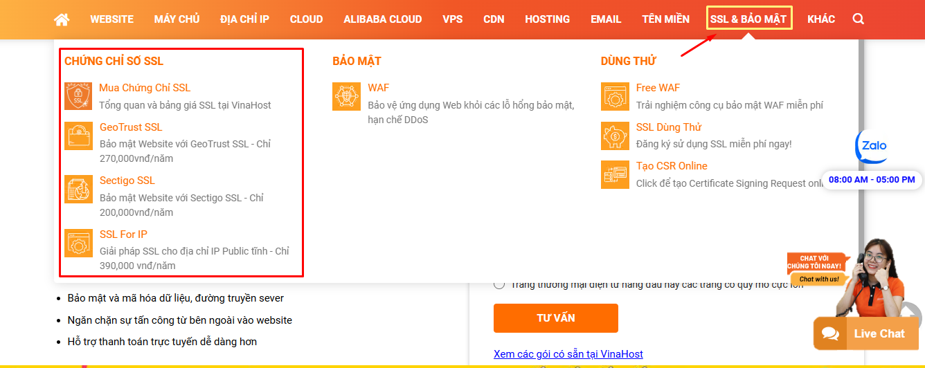 Truy cập website VinaHost và chọn danh mục SSL