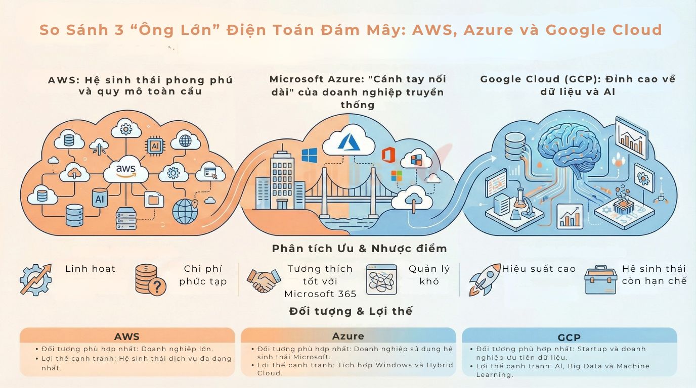 Các nhà cung cấp Public Cloud quốc tế đang giữ vị thế dẫn đầu thị trường nhờ hạ tầng quy mô lớn, công nghệ hiện đại và hệ sinh thái dịch vụ đa dạng.