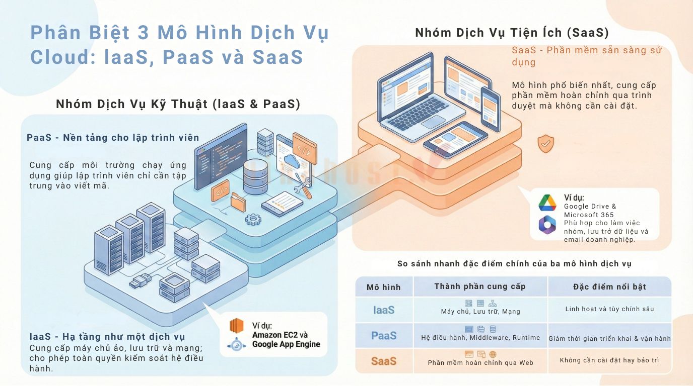 Public Cloud được chia thành nhiều mô hình dịch vụ để đáp ứng đa dạng nhu cầu, từ quản lý hạ tầng đến sử dụng phần mềm hoàn chỉnh.