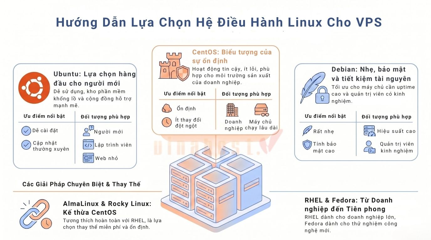 Các bản phân phối Linux cho VPS rất đa dạng (như Ubuntu, CentOS), mỗi loại phục vụ mục tiêu khác nhau và việc chọn đúng sẽ ảnh hưởng trực tiếp đến hiệu suất, bảo mật và khả năng quản trị.