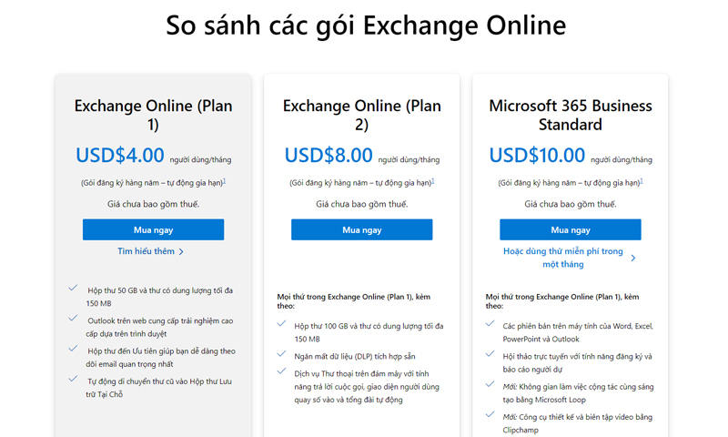 bang gia Microsoft Exchange plan 1 va plan 2