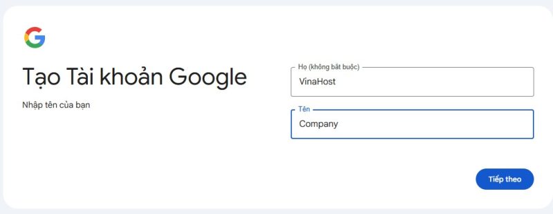 giao diện nhập họ tên trong gmail