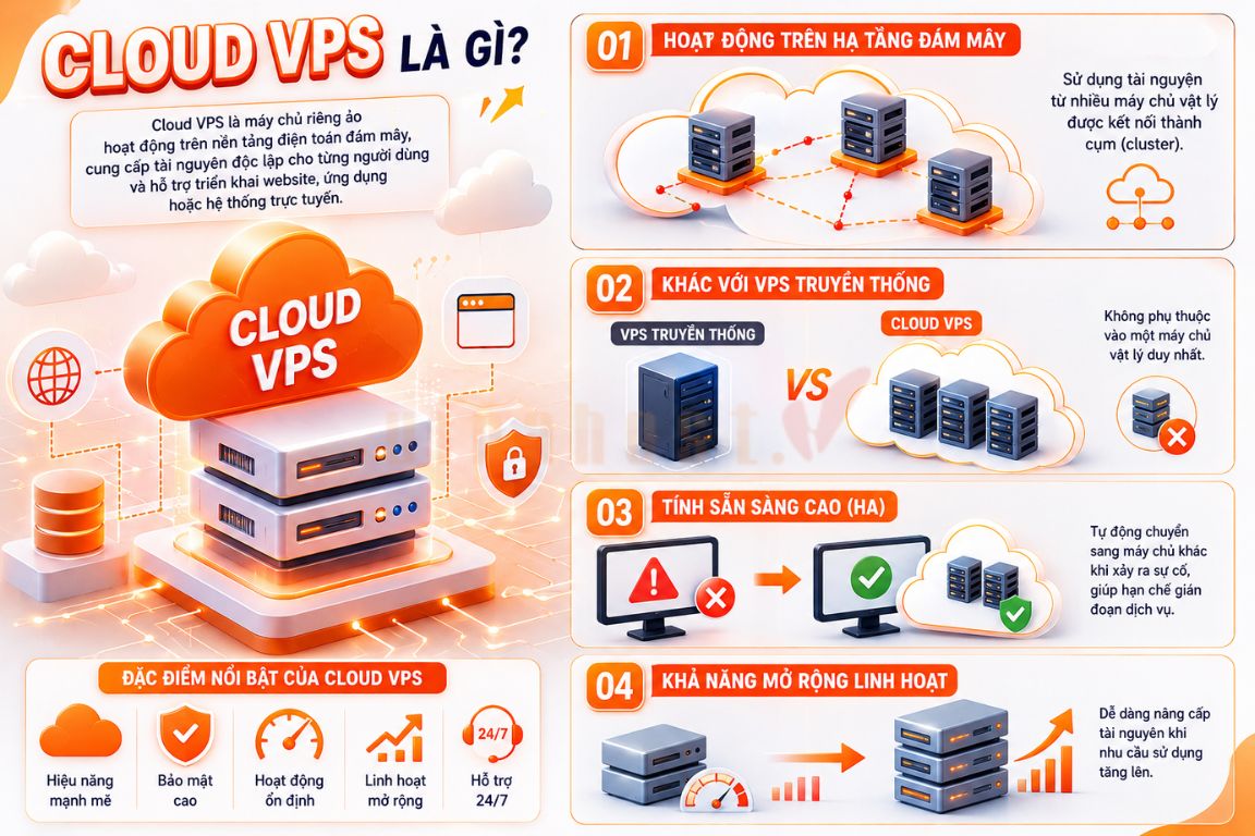 Cloud VPS (Cloud Virtual Private Server) là máy chủ riêng ảo hoạt động trên nền tảng điện toán đám mây