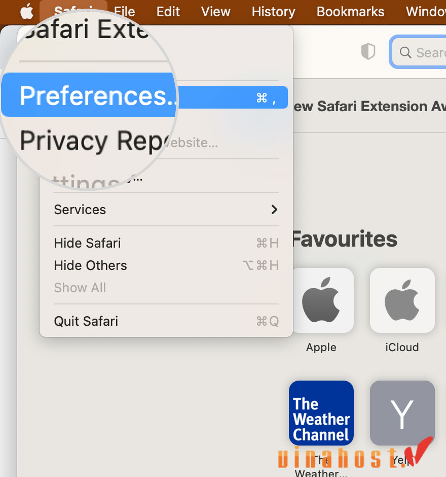 Trên Safari, vào menu Safari > Preferences.