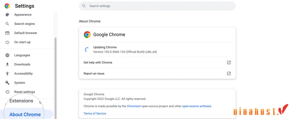 Để cập nhật Chrome, vào Settings > About, trình duyệt sẽ tự kiểm tra, cài đặt và yêu cầu bạn khởi động lại.