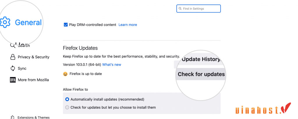 Để cập nhật Firefox, vào General settings, tìm phần Firefox Updates.