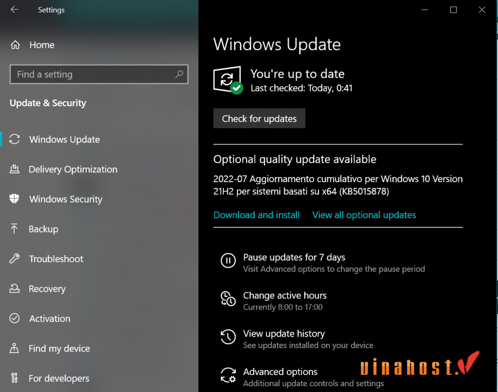 Dùng Windows Search tìm "Settings > Update & Security" để kiểm tra hoặc thực hiện cập nhật hệ điều hành.