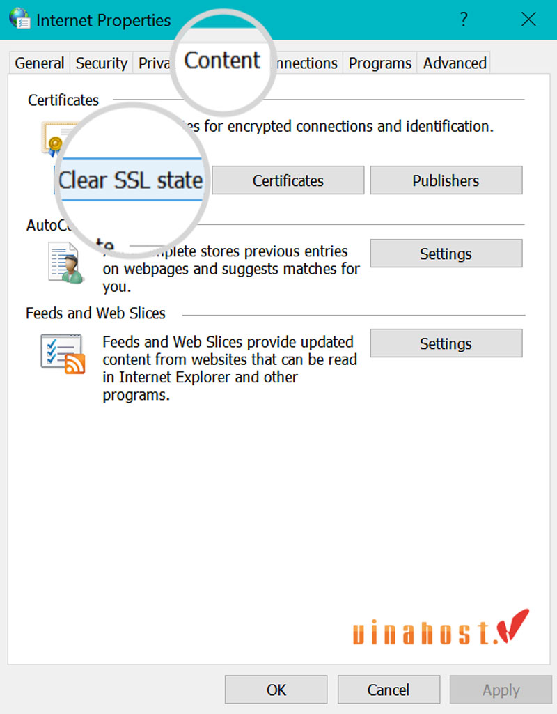 Để khắc phục lỗi ERR_SSL_PROTOCOL_ERROR, hãy mở Internet Options, chuyển sang tab Content và nhấp vào nút Clear SSL state.