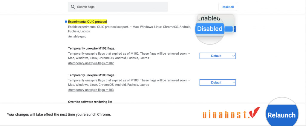 Để tắt QUIC trong Chrome, hãy truy cập chrome://flags/#enable-quic, chọn 'Disabled' và khởi động lại.