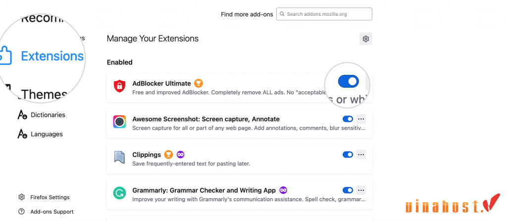 Để khắc phục lỗi ERR_SSL_PROTOCOL_ERROR, hãy vô hiệu hóa từng tiện ích mở rộng trong Firefox rồi khởi động lại trình duyệt để kiểm tra.