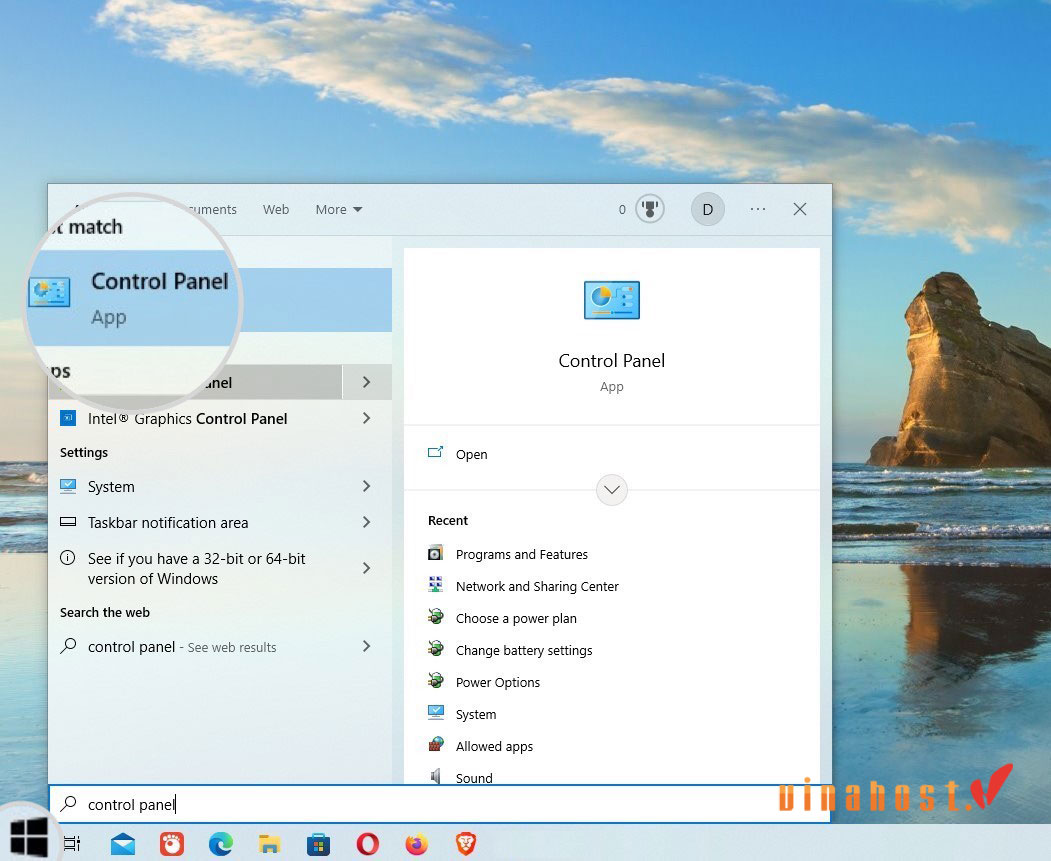 Mở menu Windows ở góc dưới bên trái, gõ Control Panel vào thanh tìm kiếm rồi bấm vào biểu tượng Control Panel