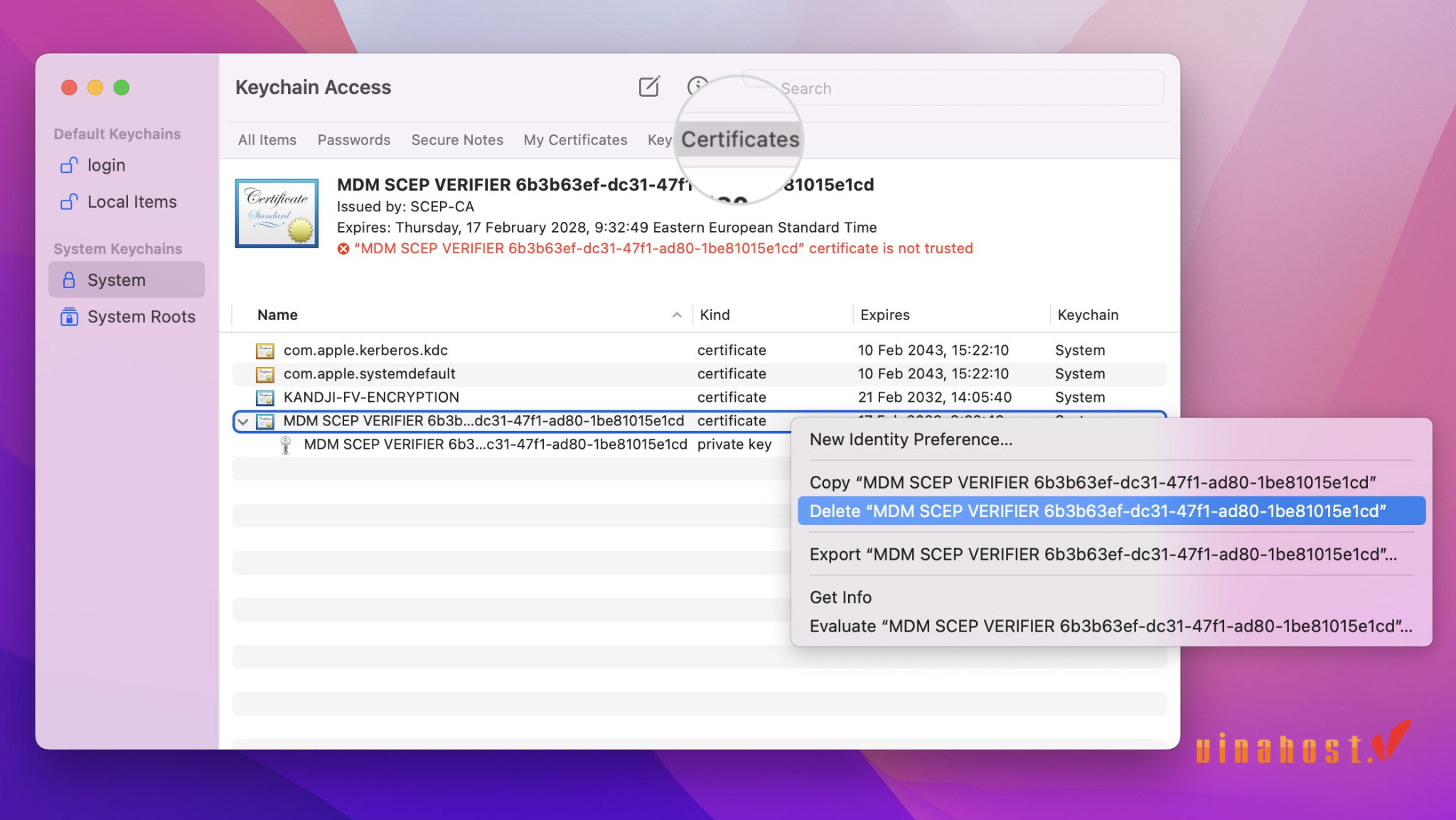 Nhấp chuột phải vào chứng chỉ của trang web gặp lỗi ERR_SSL_VERSION_OR_CIPHER_MISMATCH và chọn Delete.