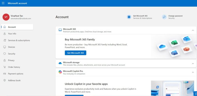 Giao diện tài khoản Microsoft trên máy tính