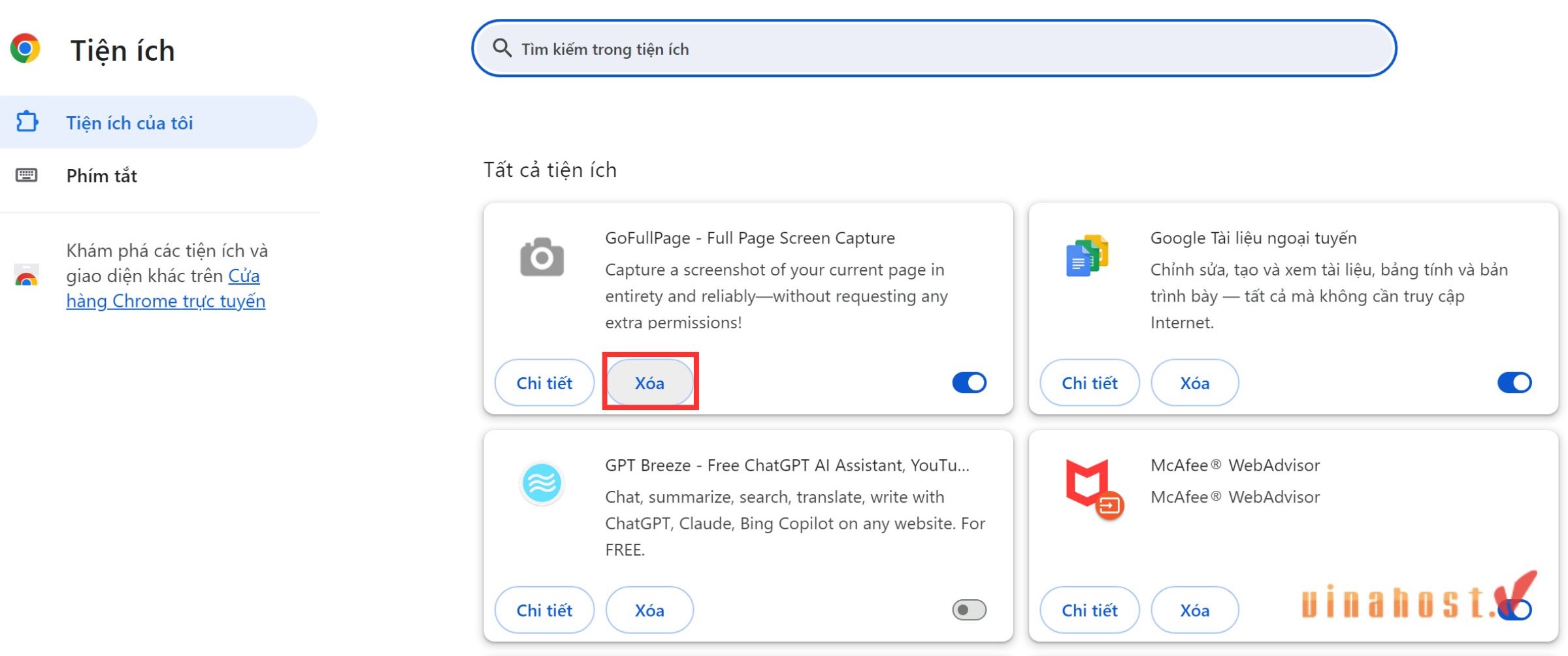 Chọn tiện ích mà bạn muốn xoá, sau đó tiến hành xóa dữ liệu