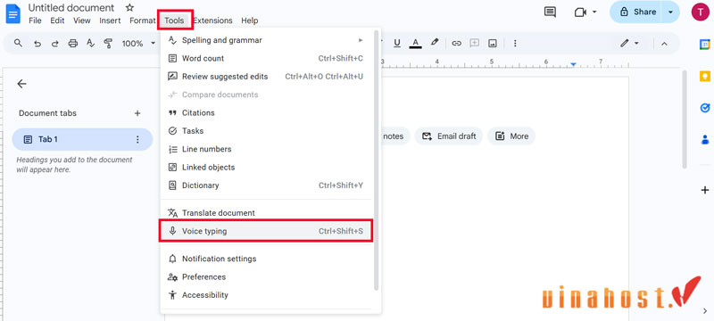 Voice typing trong docs