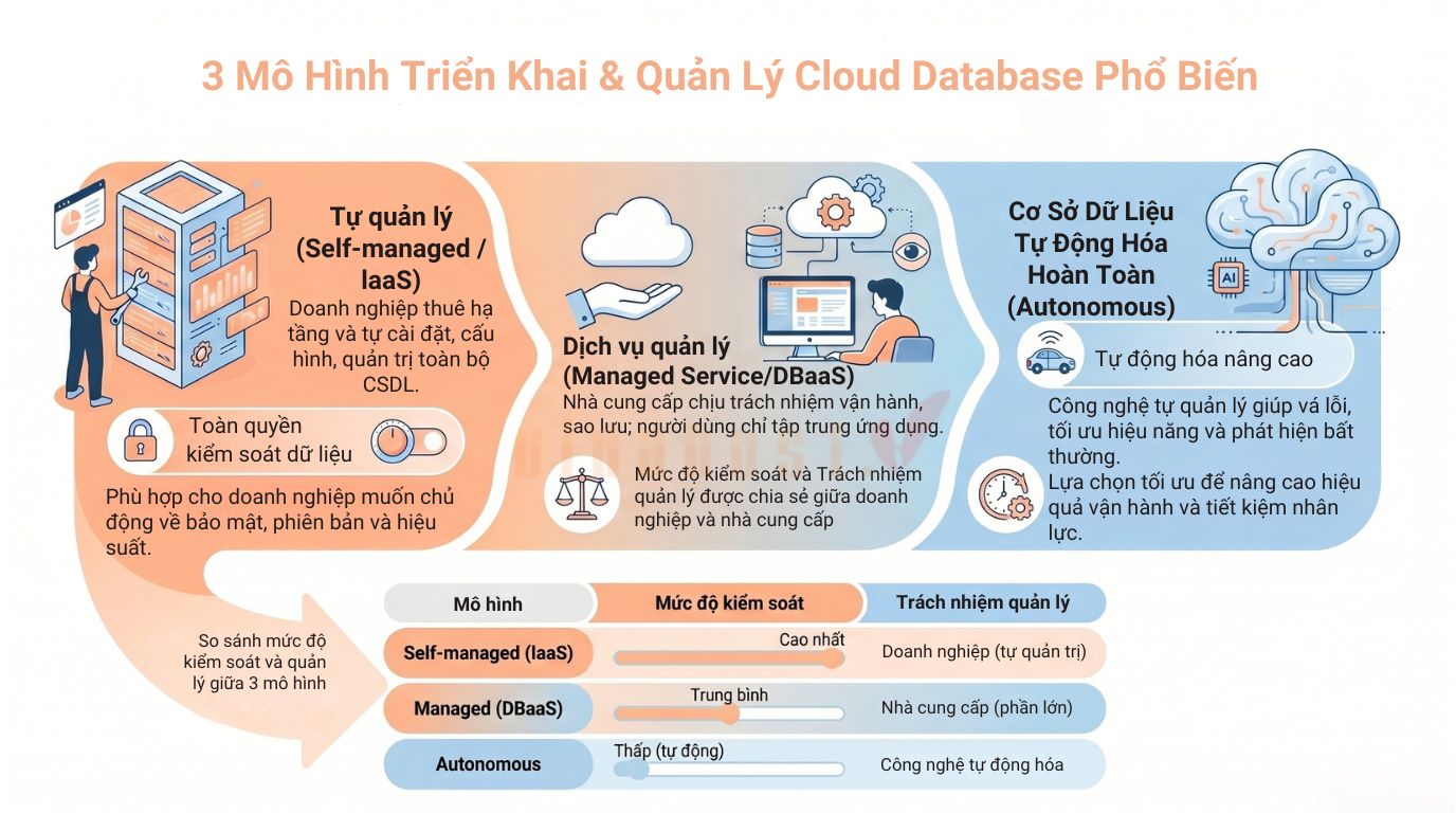 Cloud Database có thể được triển khai theo nhiều mô hình khác nhau