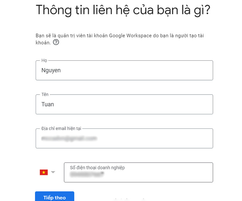 điền thông tin quản trị dịch vụ google workspace