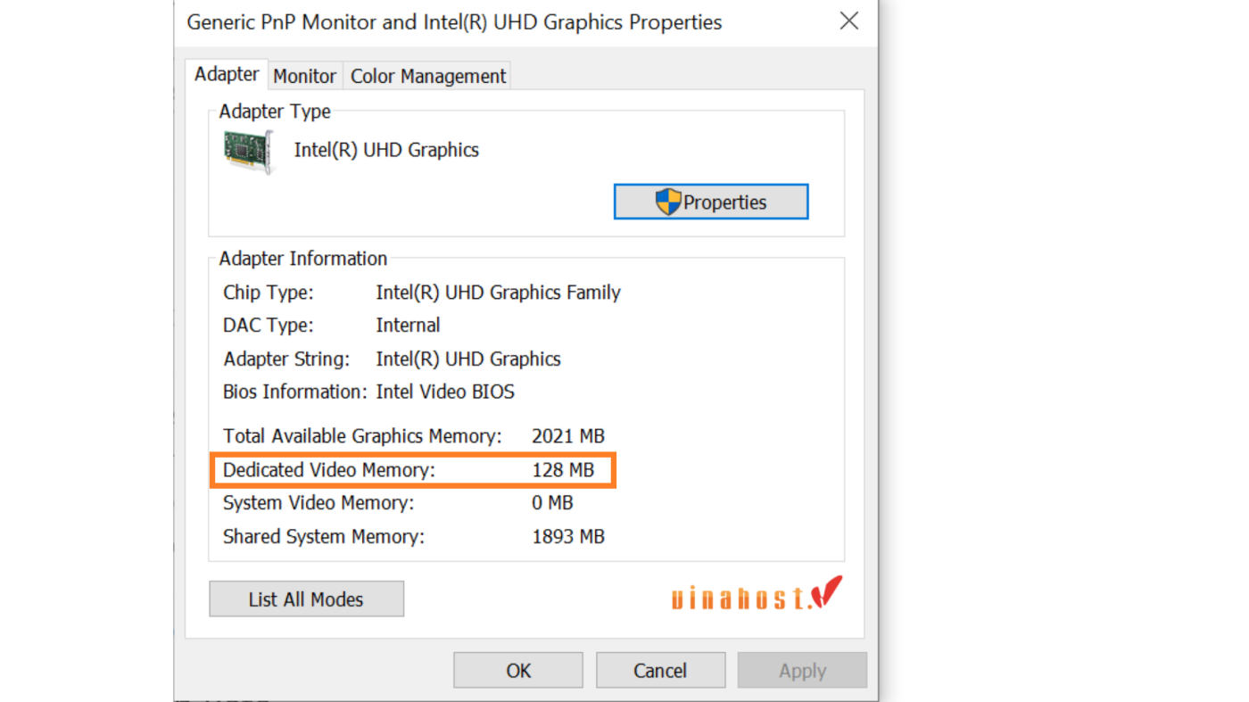 Giao diện VRAM Windows Settings Display Adapter Properties