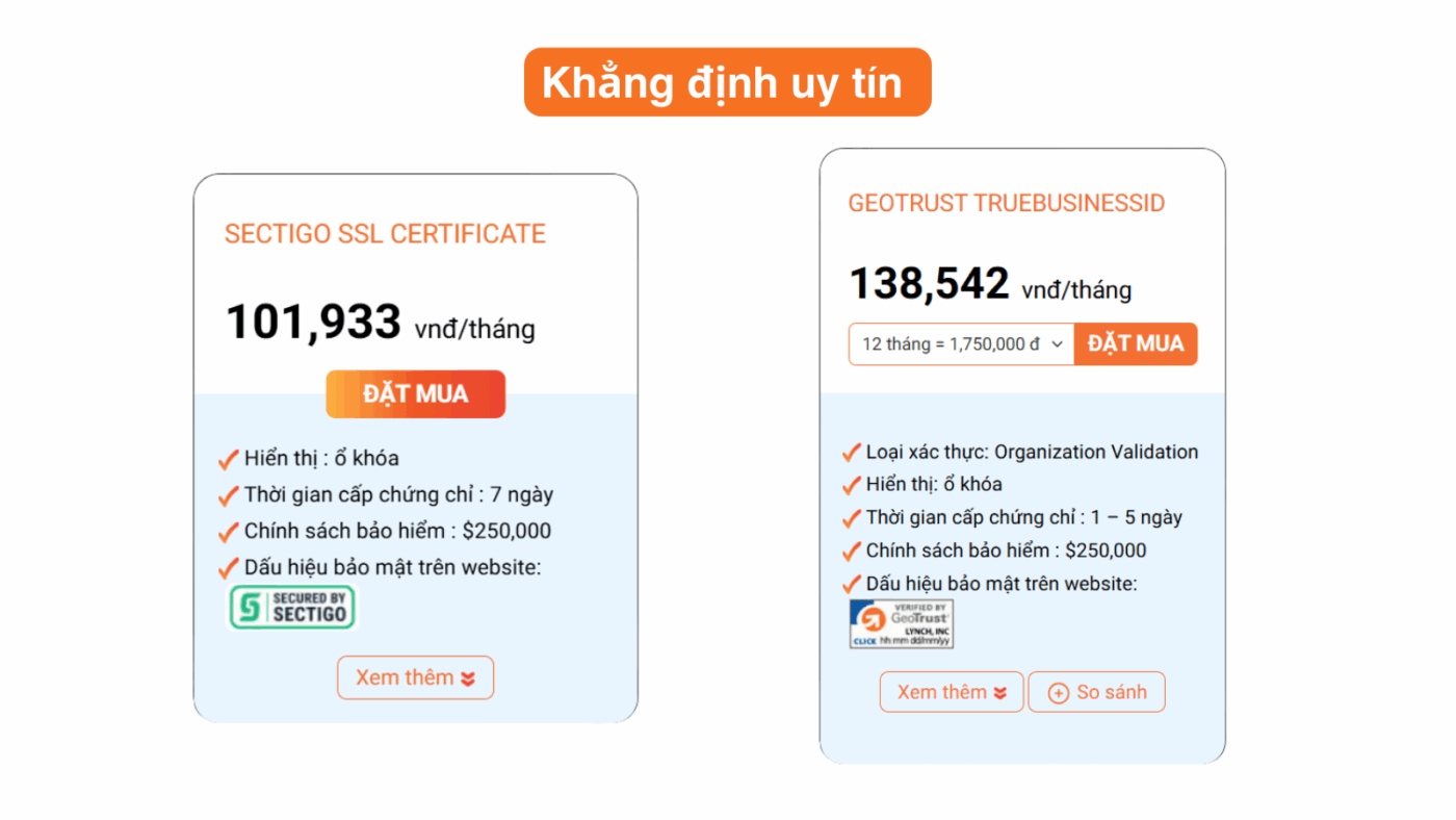 Sectigo SSL Certificate (OV) và GeoTrust True BusinessID (OV) là lựa chọn lý tưởng cho doanh nghiệp và trang TMĐT đang phát triển