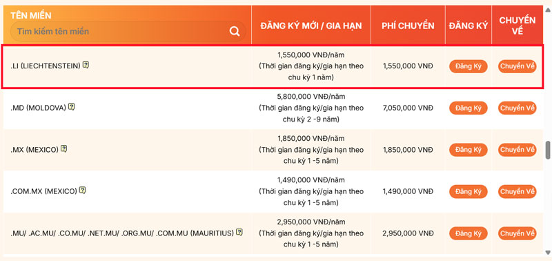 bang gia ten mien .li tai vinahost