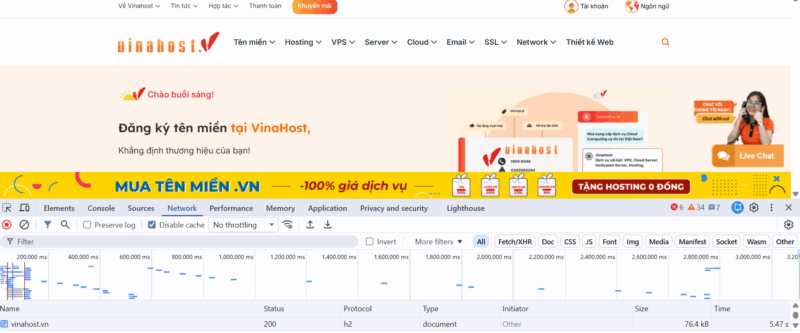 Kiểm tra giao thức kết nối bằng Developer Tools của trình duyệt.