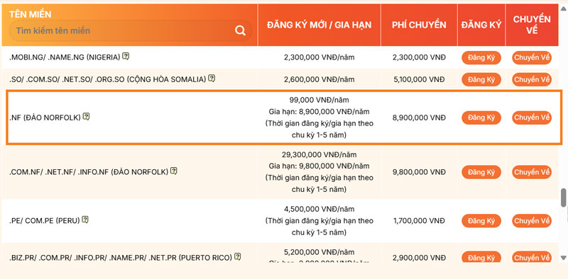 bang gia dang ky ten mien .nf
