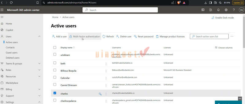 Chọn một người dùng và sau đó nhấp vào tùy chọn MFA