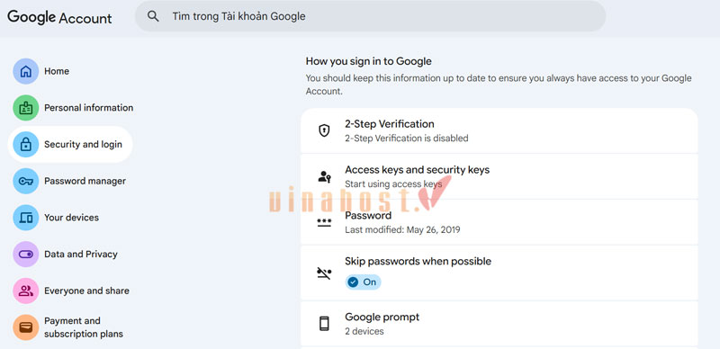 Kích hoạt 2-Step Verification cho tài khoản Google.