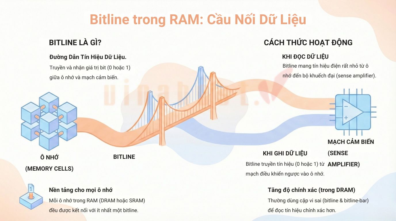 Bitlines trong RAM là các đường dẫn tín hiệu dữ liệu bên trong chip bộ nhớ