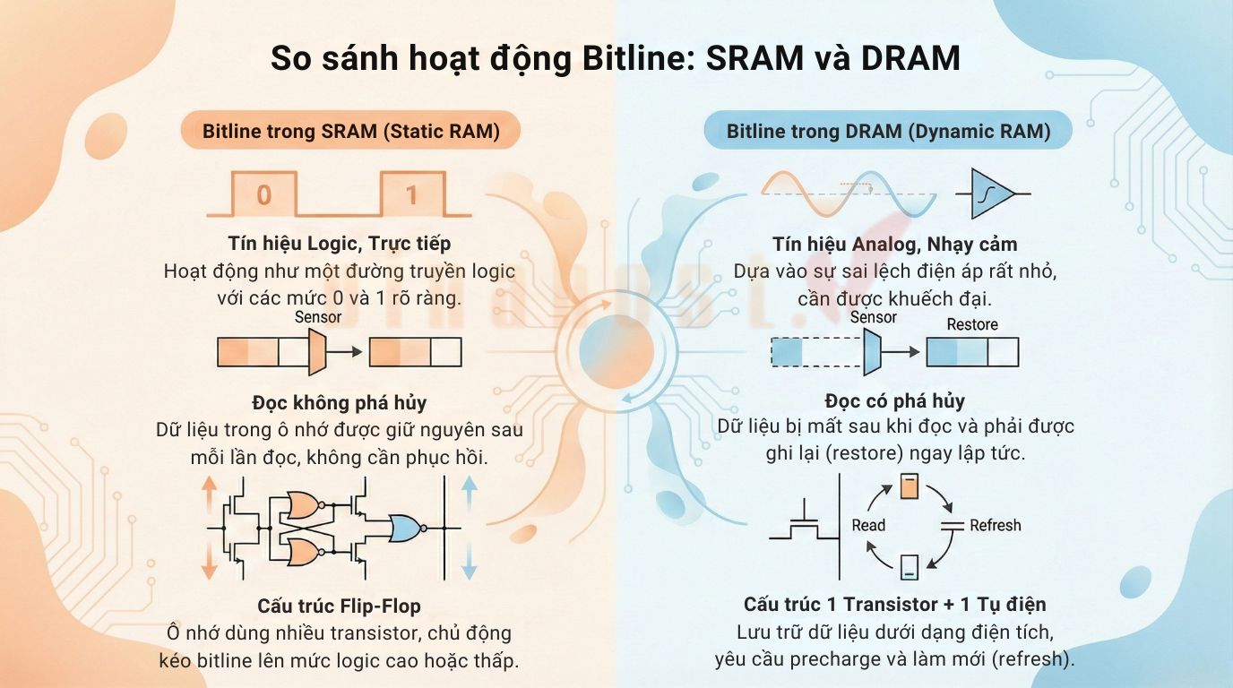 So sánh hoạt động của Bitline giữa bộ nhớ SRAM và DRAM