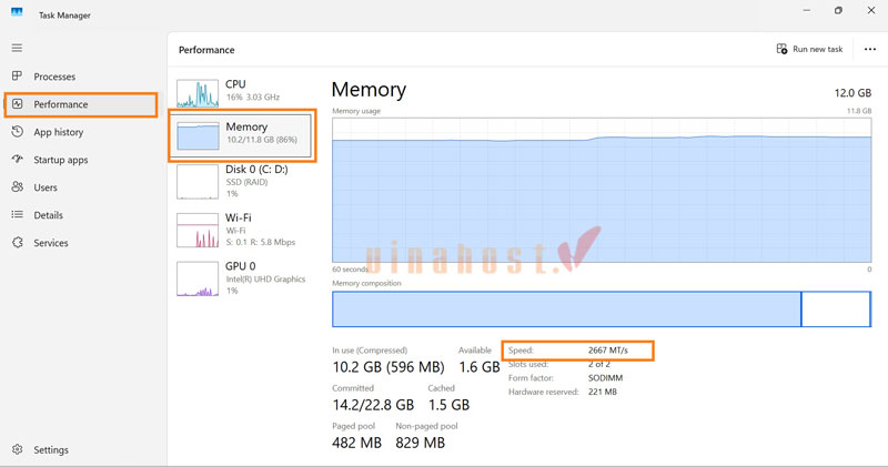 Kiểm tra bus ram bằng Task Manager