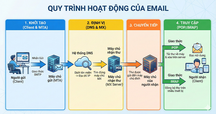 Sơ đồ quy trình hoạt động của Email gồm 4 bước kỹ thuật từ người gửi đến người nhận