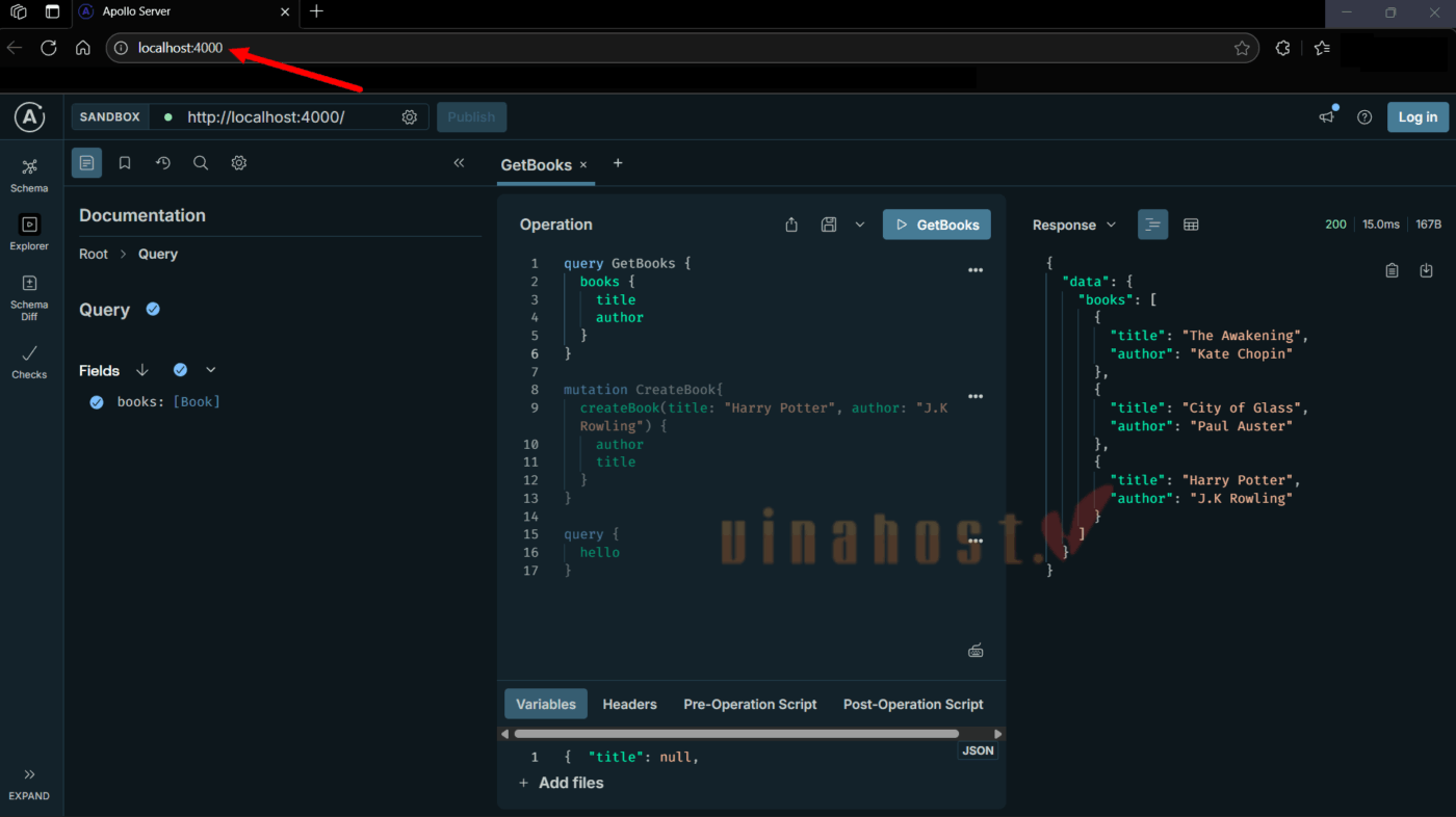 Mở trình duyệt và truy cập địa chỉ http://localhost:4000/ . Giao diện Apollo Sandbox sẽ tự động hiển thị