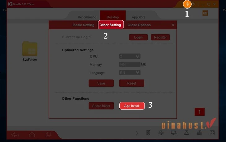 Mở Other Setting và chọn APK Install trong Droid4x