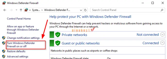 Chọn Chọn Turn Windows Defender Firewall on or off trong Windows Defender Firewall