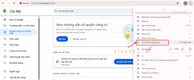 Nhấn tổ hợp phím Ctrl + Shift + Del