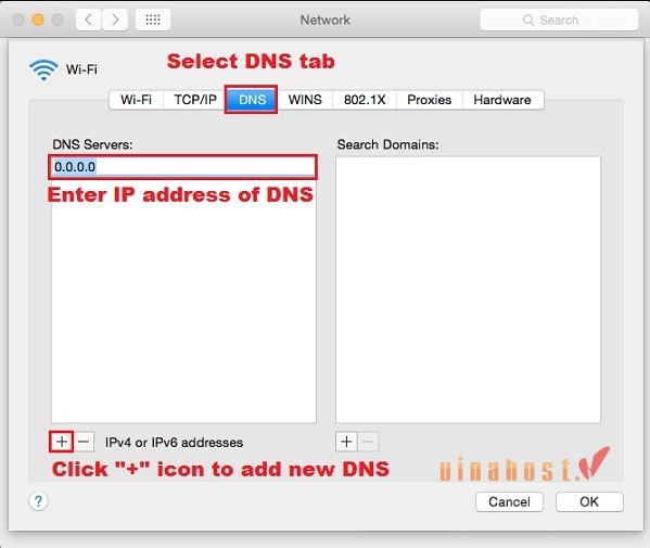 Chuyển sang tab DNS, click dấu "+" để thêm DNS