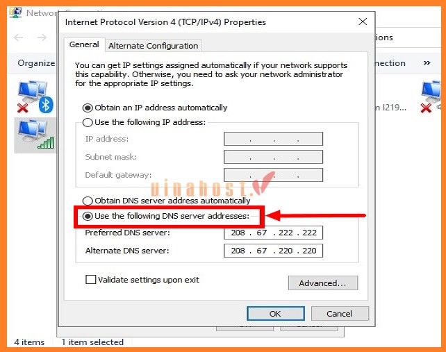 Chọn Use the following DNS server addresses và nhập thông tin OpenDNS