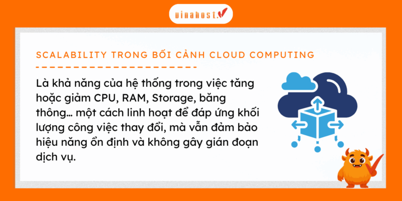 Scalability (khả năng mở rộng) được hiểu trong bối cảnh Cloud Computing là khả năng tăng hoặc giảm tài nguyên