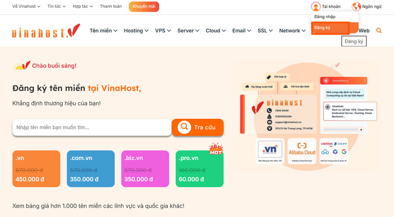 Hướng dẫn đăng ký tài khoản VinaHost