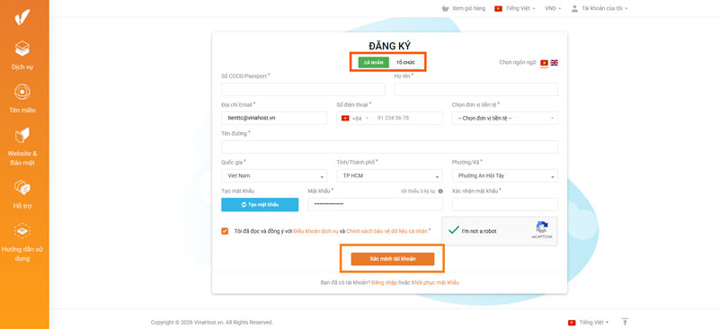 Hướng dẫn đăng ký tài khoản VinaHost