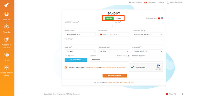 Hướng dẫn đăng ký tài khoản VinaHost