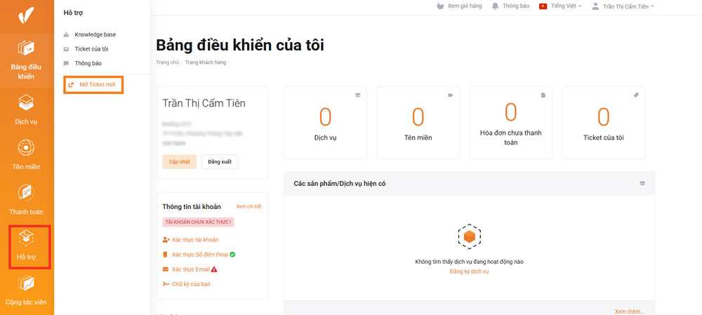 Hướng dẫn tạo Ticket Support tại VinaHost