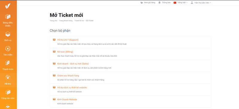 Hướng dẫn tạo Ticket Support tại VinaHost
